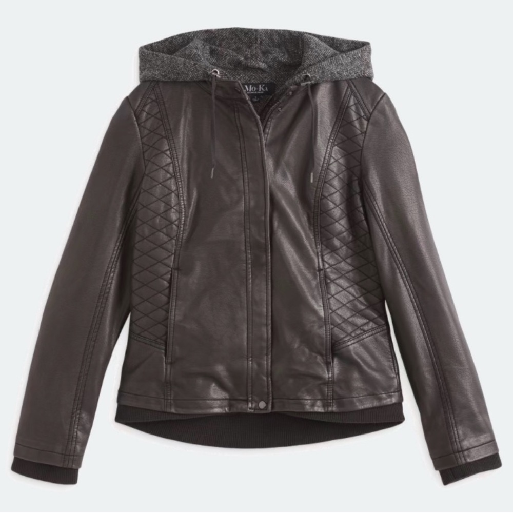 Faux Leather Motorcycle Jacket with attached hoodie